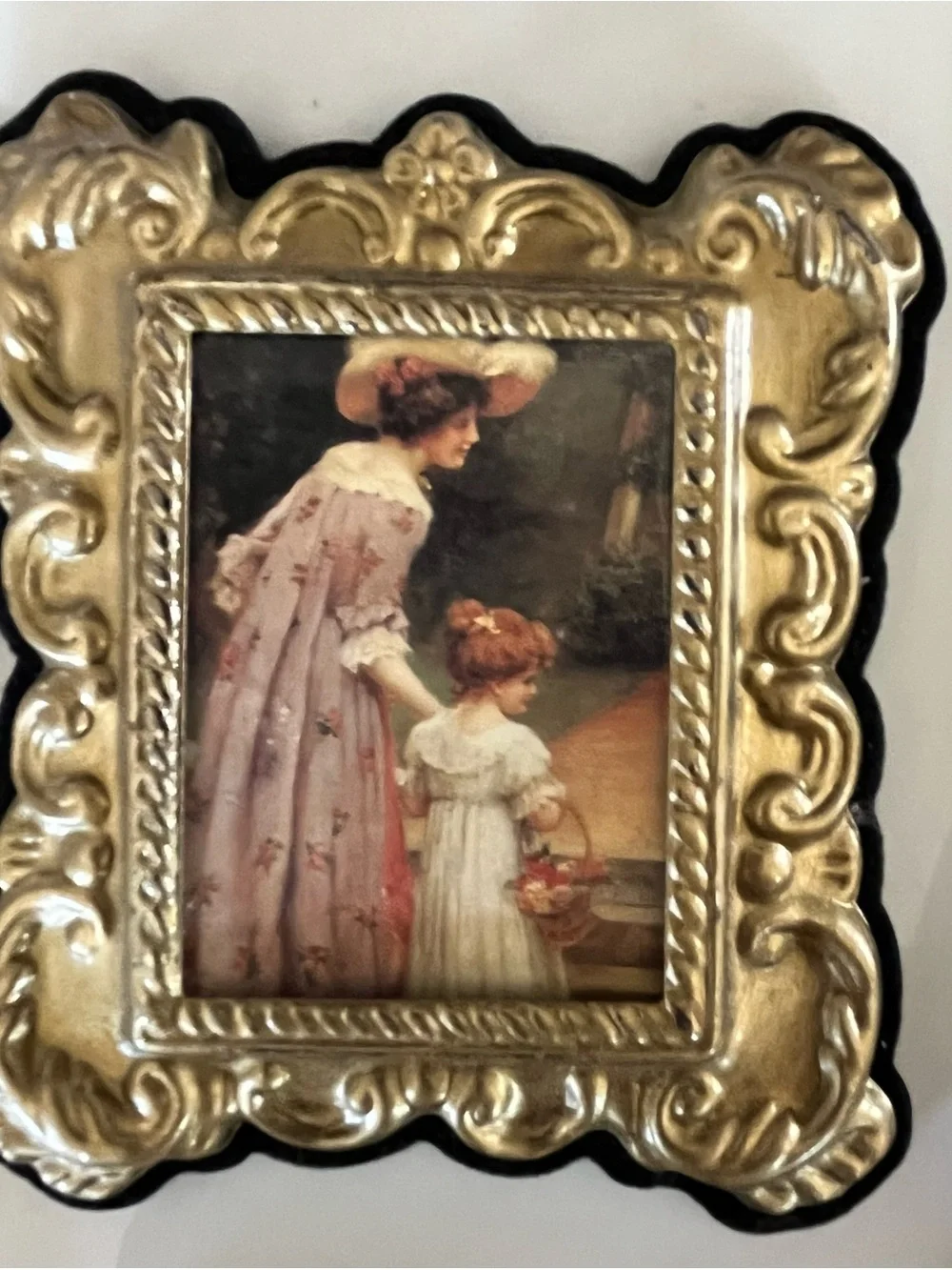 Gold Tone Ornate Rectangular & Oval Wall Frames Victorian Prints - Set of 2